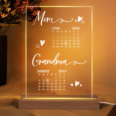 Mom Grandma Est Calendar Personalized Rectangle Acrylic LED Night Light
