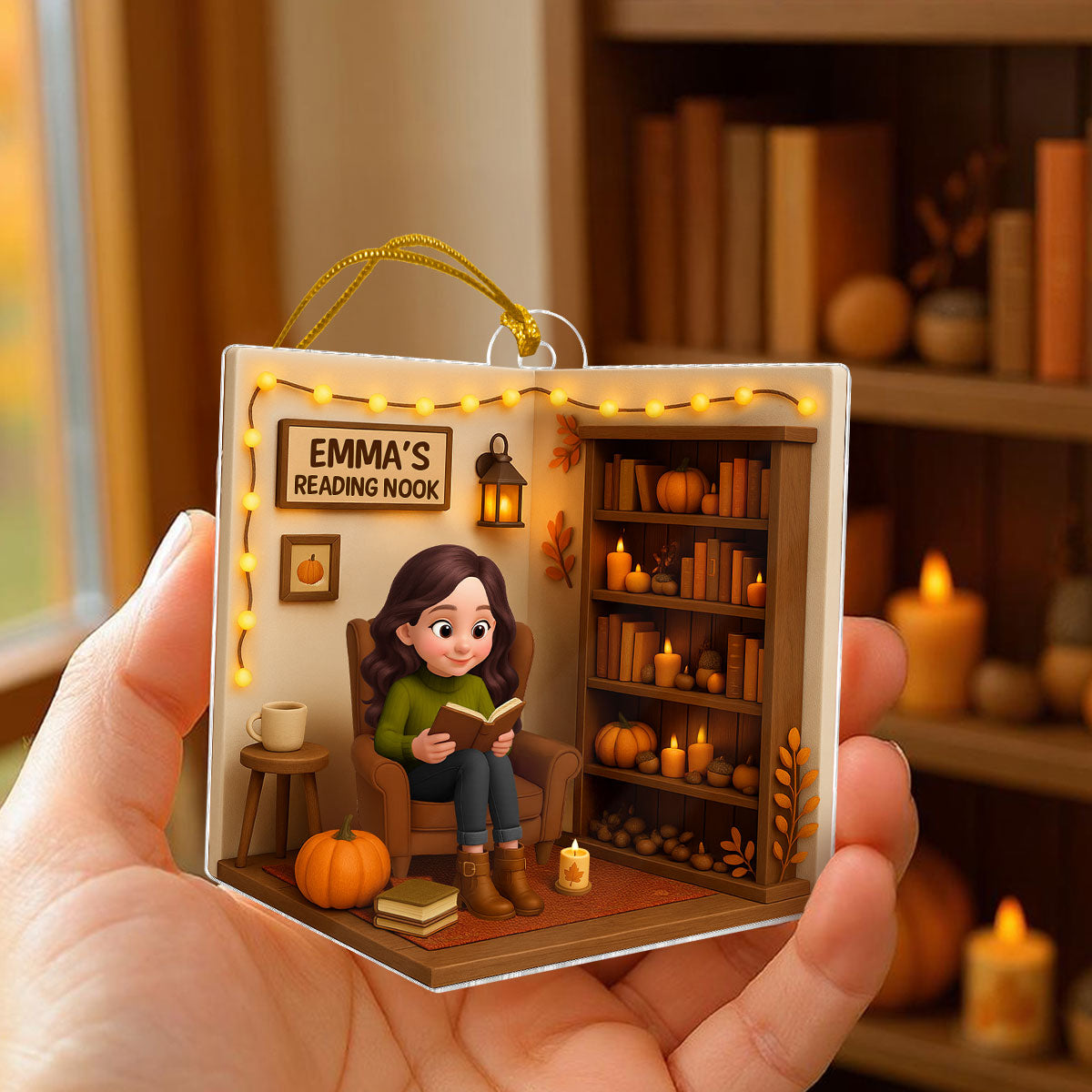 Reading Nook Cozy Season Personalized 3D Effect Acrylic Ornament