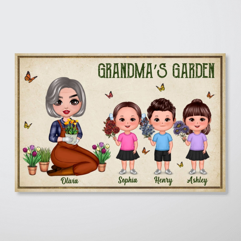 Grandma‘s Garden Doll Woman And Grandkids Birth Flowers Personalized Poster