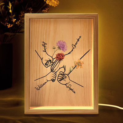 Kids Holding Grandma Mom Hand Birth Month Flowers Personalized Frame Light Box