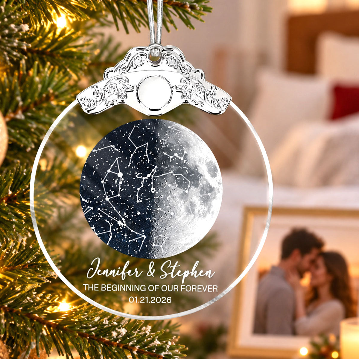 Custom Moon Phase & Star Map by Date - Personalized Glass Ornament With Silver Cap - Heartfelt Christmas Gift, Anniversary Gift, For Couple, For Him, For Her