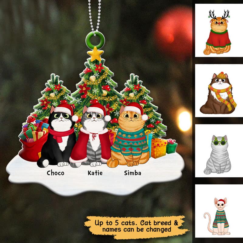 Fluffy Cats Sitting On Snow Christmas Tree Personalized Acrylic Ornament