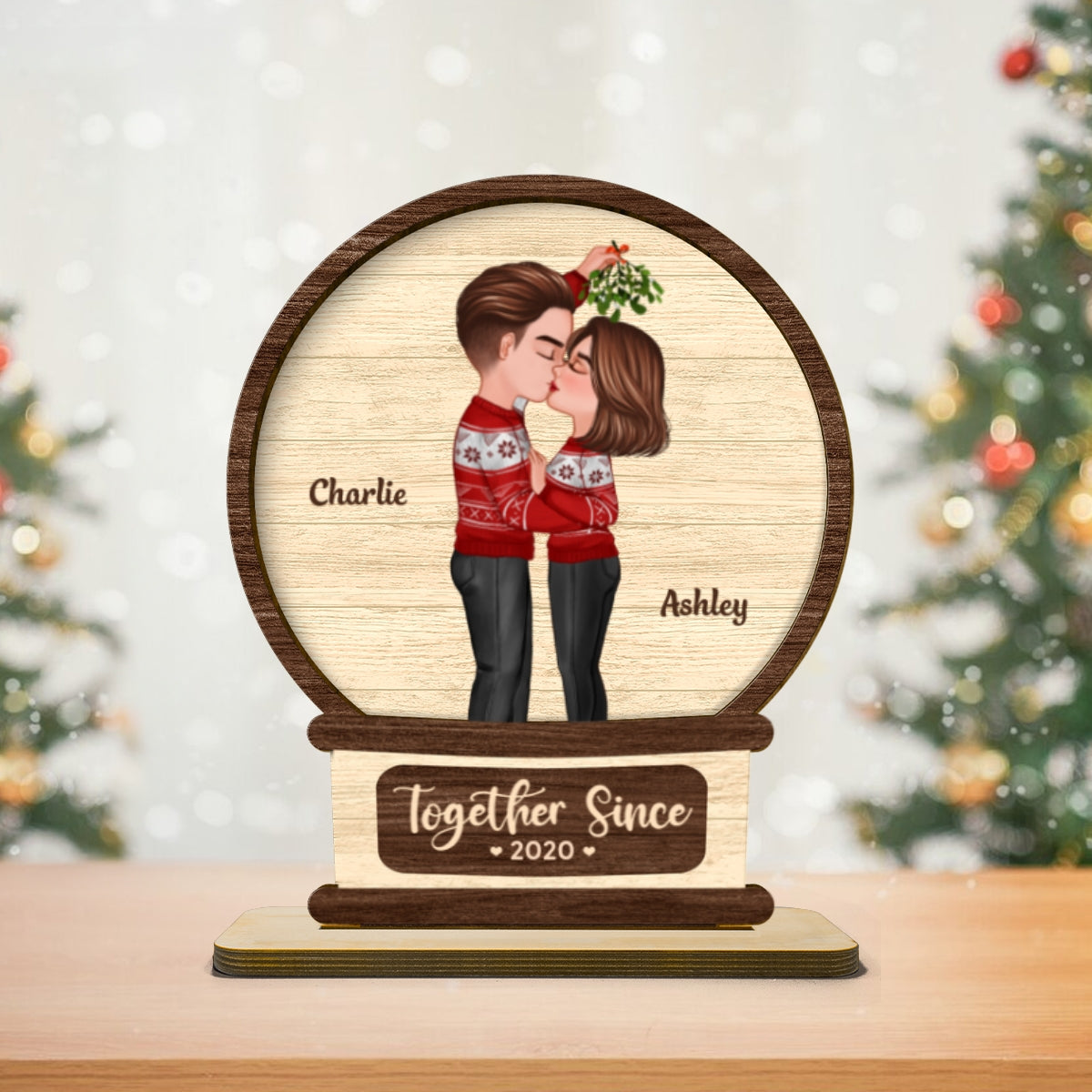 Couple Kissing In Snowball Personalized 2-Layer Standing Wooden Plaque, Christmas Gift For Him For Her