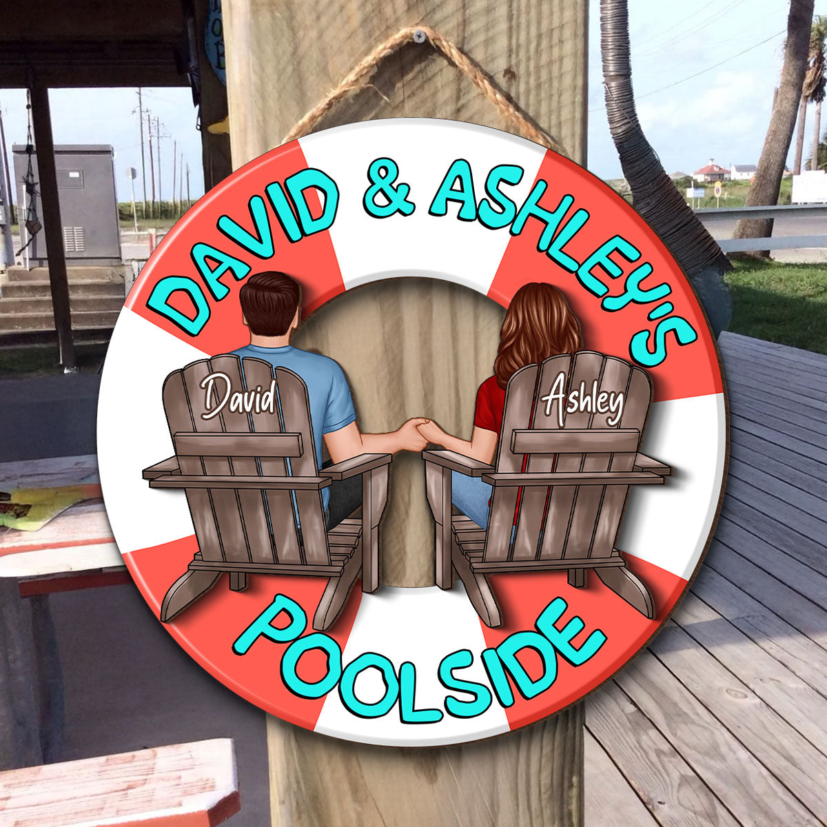 Couple Sitting Back View Poolside Swimming Float Personalized 2-Layer Wood Sign