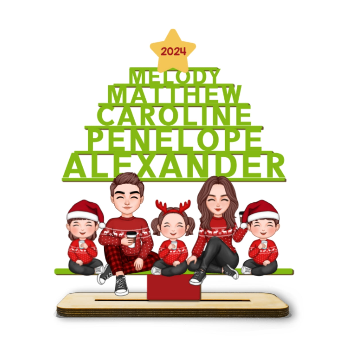 Family Names Christmas Tree Personalized 2-Layer Standing Wooden Plaque