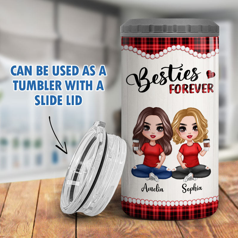 Checkered Pattern Doll Besties Sisters Sitting Personalized 4 In 1 Can Cooler