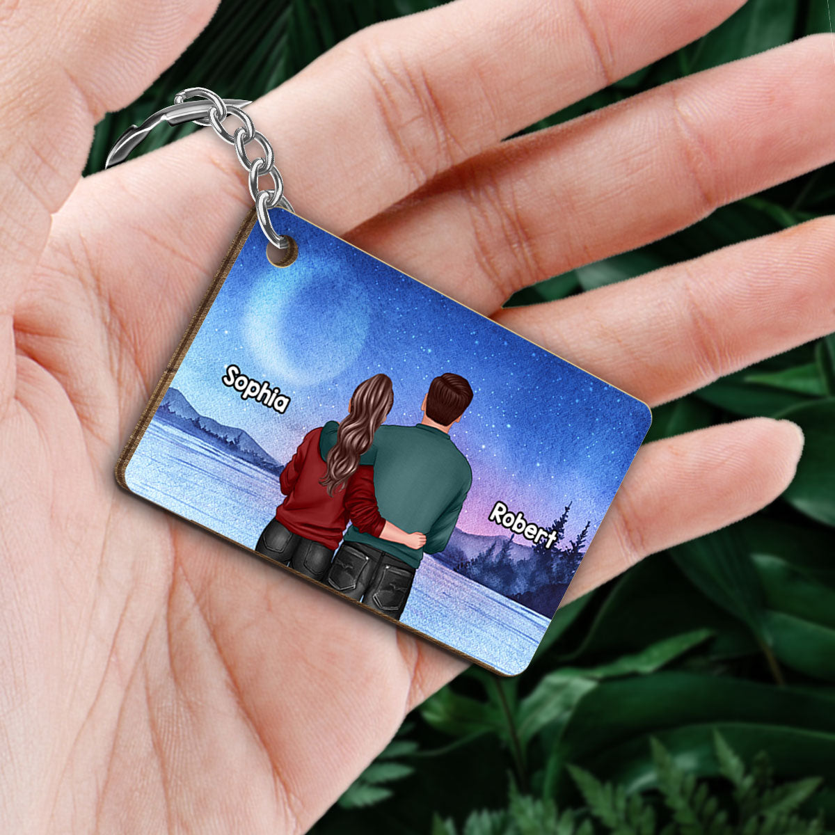 Couple Together Since Watercolor Mountain Background Personalized Wooden Keychain