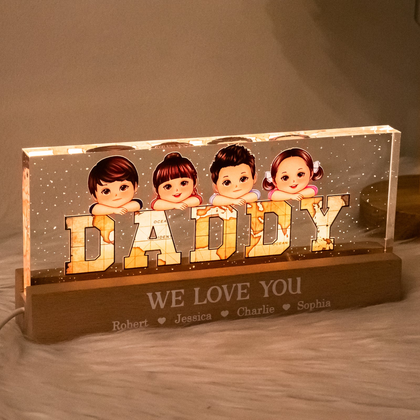 Vintage Map Dad Grandpa Title Kids Laying On Personalized Acrylic LED Night Light