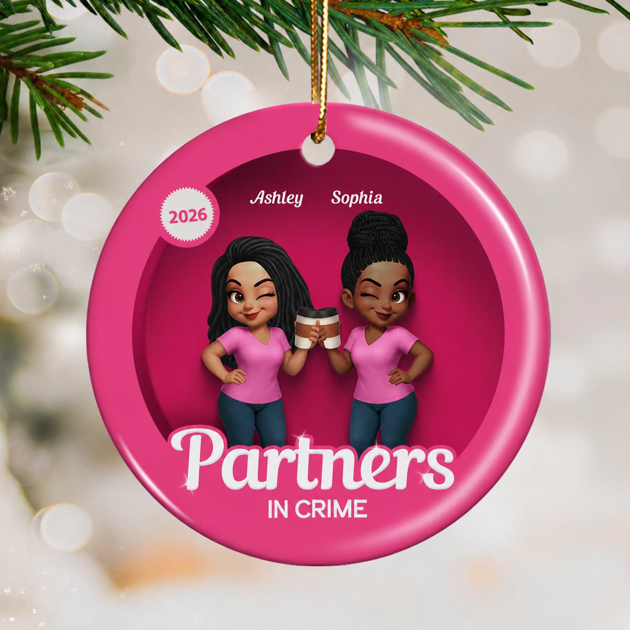 Besties Sisters 3D Effect Pink Toy Box Personalized Circle Ceramic Ornament, Gift for Besties, Best Friends