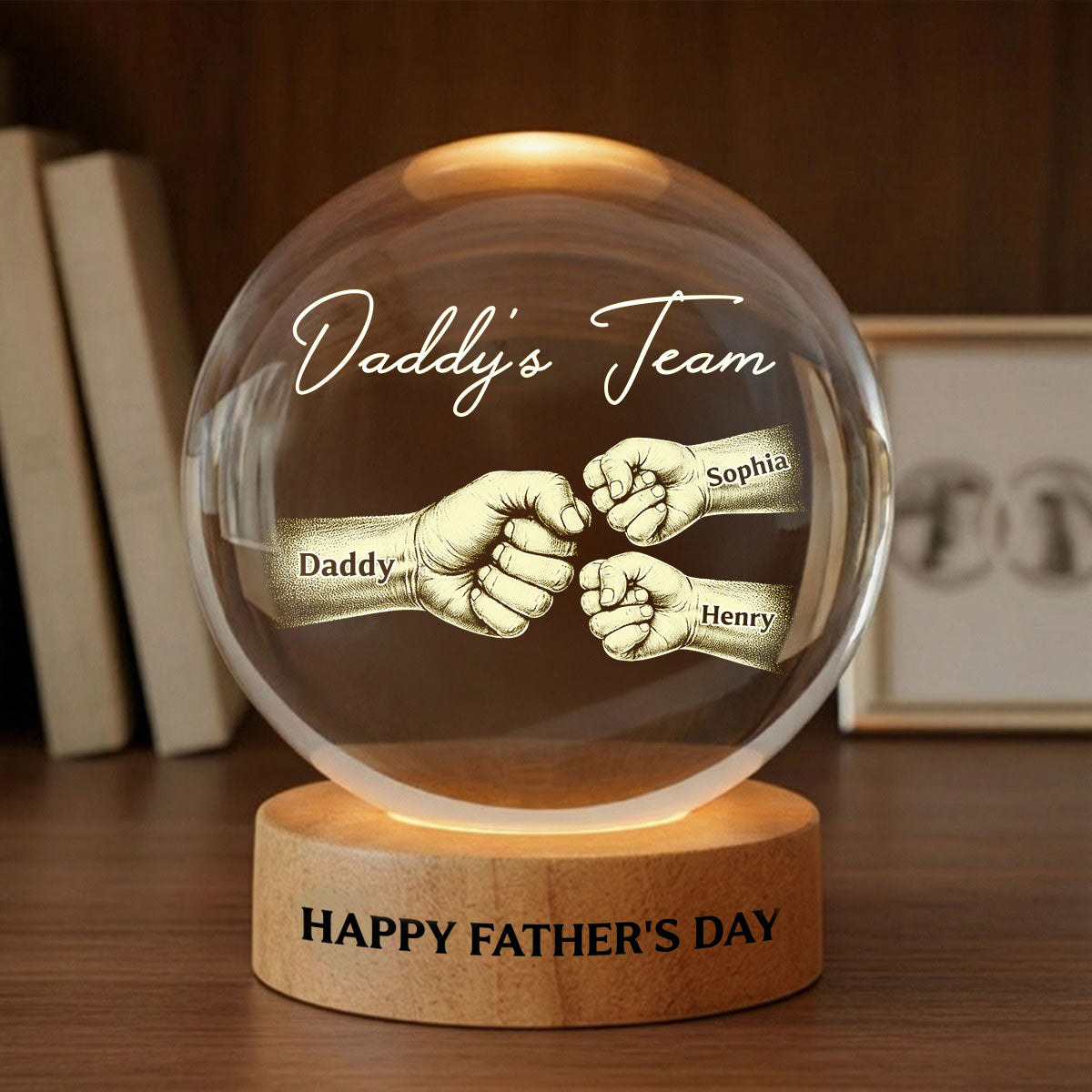 Daddy's Team Fist Bump - Personalized Crystal Ball LED Night Light - Father's Day Gift For Dad, Husband