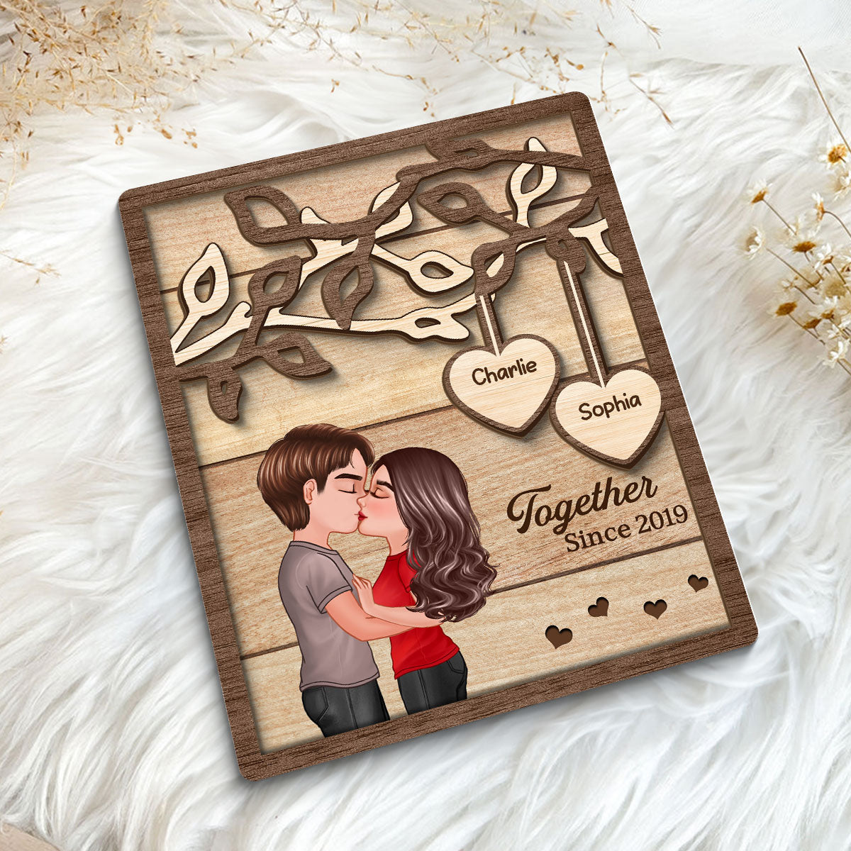 Couple Kissing Under Tree Personalized 2-Layer Rectangle Wooden Plaque