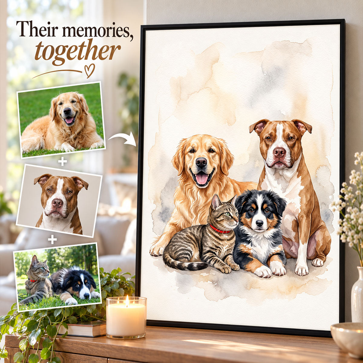 Add Deceased Pet to Photo, Merge Multiple Pictures - Personalized Poster - Custom Dog Cat Memorial Portrait, Sympathy Gift