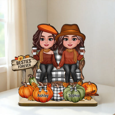 Fall Season Besties Sitting Pumpkins Personalized 2-Layer Standing Wooden Plaque| Fall Season Gift For Best Friends