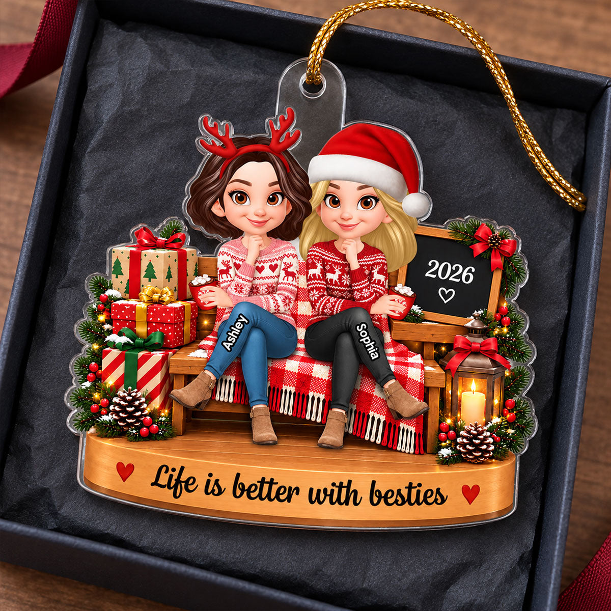 Christmas Besties Cozy Bench 2D Flat - Personalized Acrylic Ornament - Christmas Gift For Besties, Sisters
