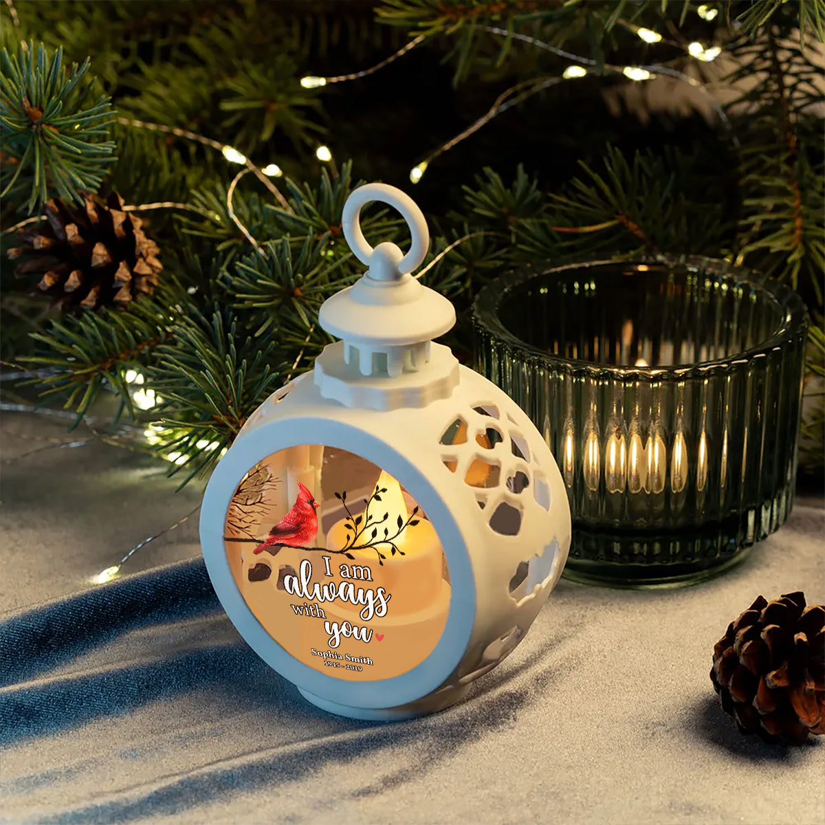 Always With You Cardinal On Branch Memorial Keepsake Personalized Lantern Ornament