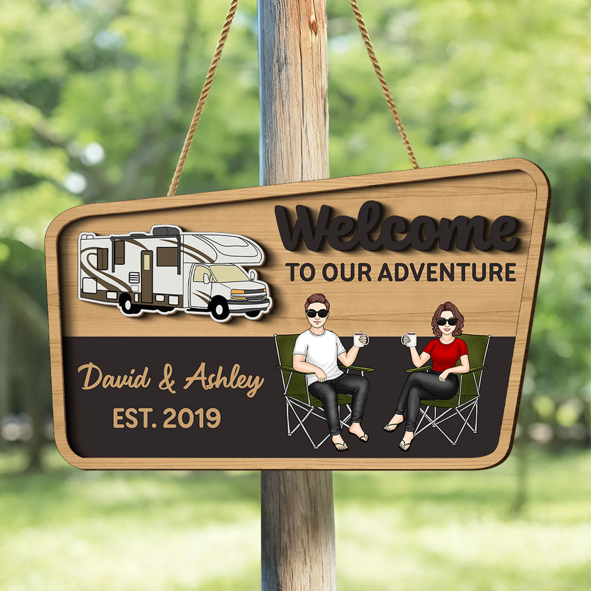 Welcome To Our Adventure Camping Life Personalized 2-Layer Wooden Door Sign, Outdoor Sign Home Decor