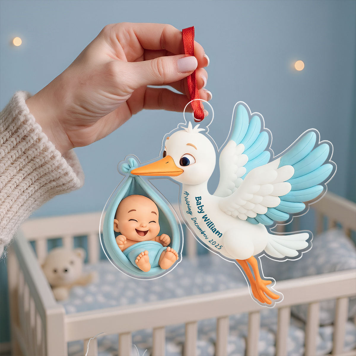 3D Effect Cute Stork And Baby Personalized Acrylic Ornament, Heartfelt First Gift for Pregnant Mom