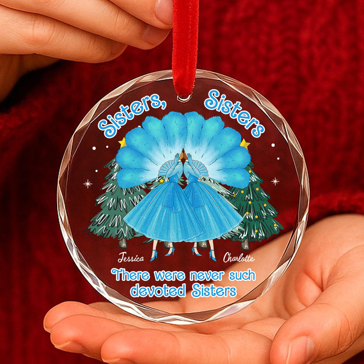 Sisters Sisters Besties in Blue Dresses Personalized Glass Ornament