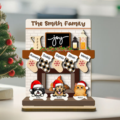 Family With Dog Cat Stockings Fireplace Personalized 2-Layer Standing Wooden Plaque, Christmas Mantle Table Topper