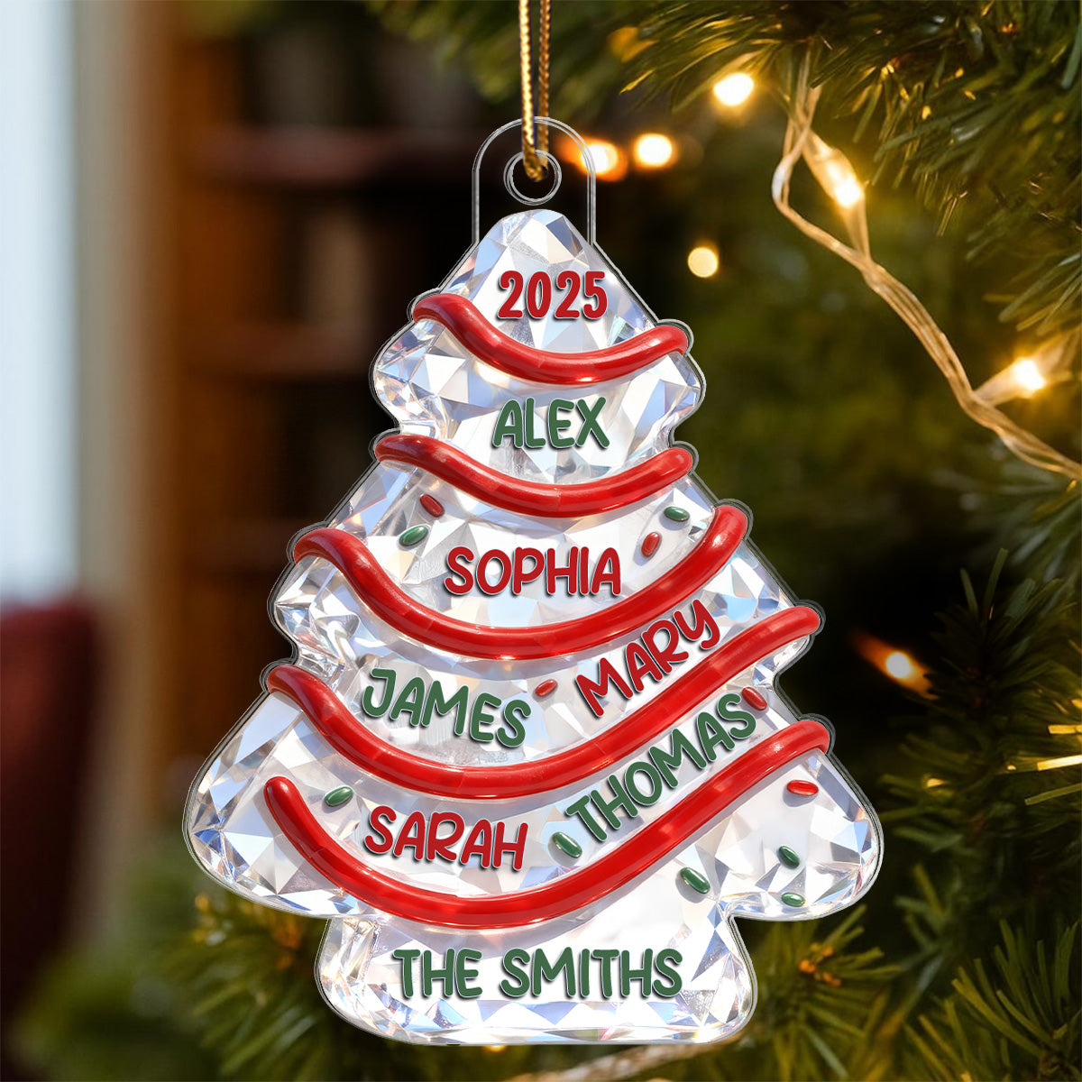 3D Effect Flat Family Names Christmas Tree Cake - Personalized Acrylic Ornament - Christmas Gift For Whole Family, Extended Family