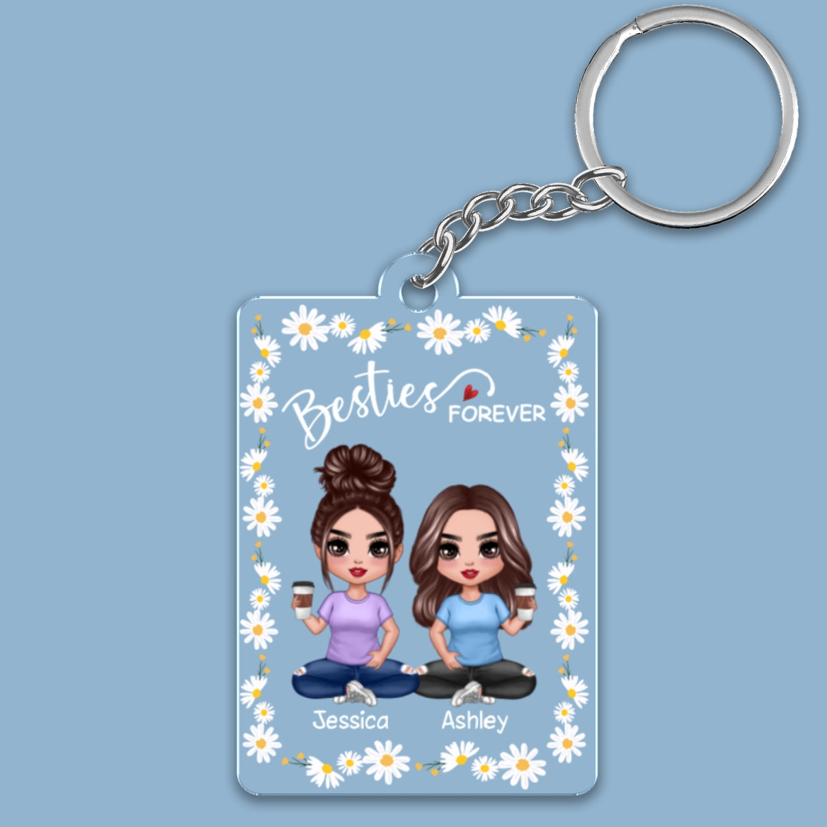 Daisy Flower Frame Doll Besties Sisters Sitting Personalized Acrylic Keychain