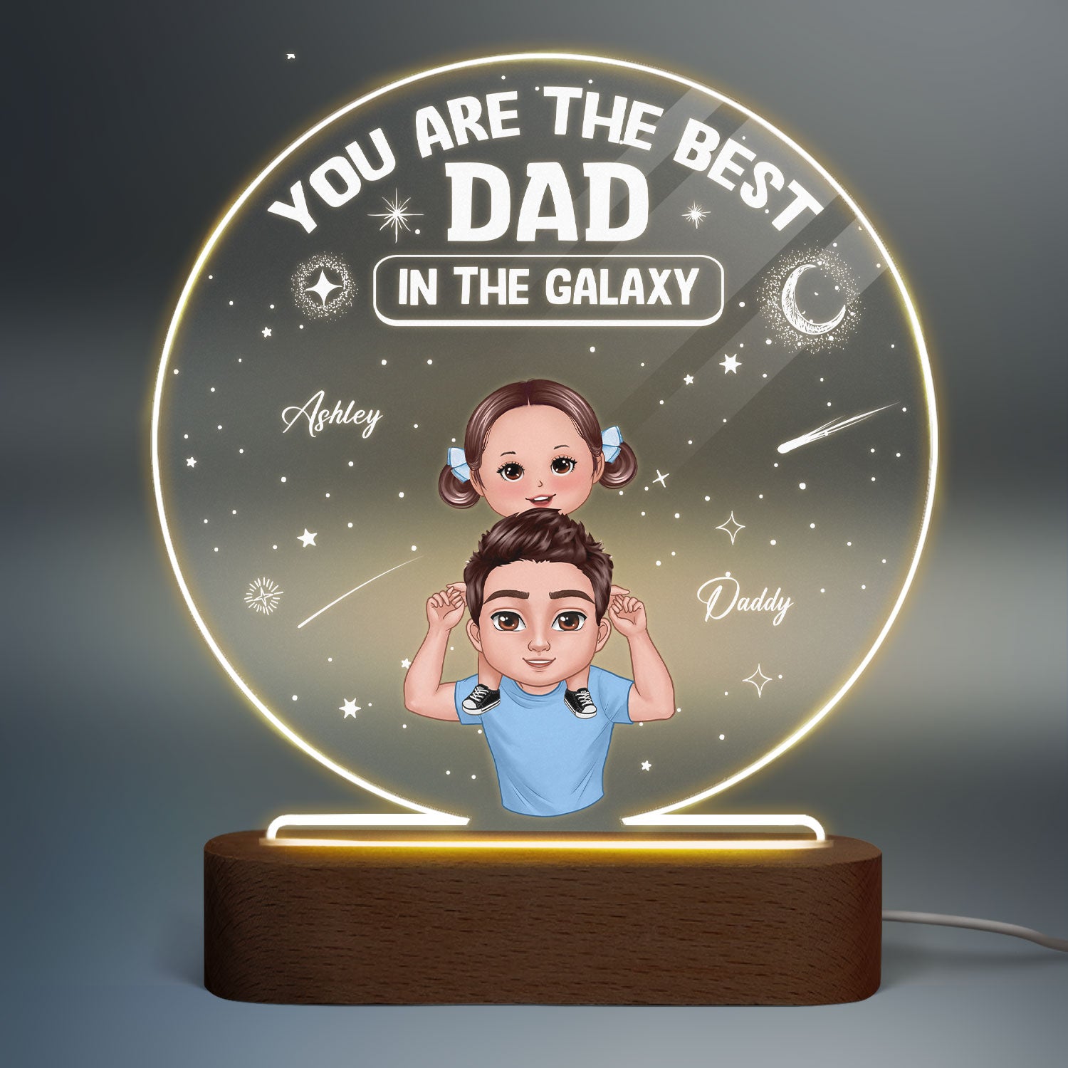 Doll Dad And Kids Piggyback Best Dad In The Galaxy Personalized Personalized Circle Acrylic Plaque LED Night Light