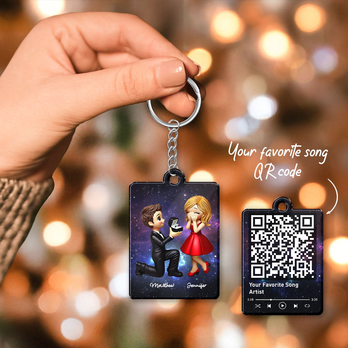 Couple In Galaxy Night Personalized Acrylic Flat Keychain, Just Engaged  Gifts for Couples, Favorite Song Scannable QR Code