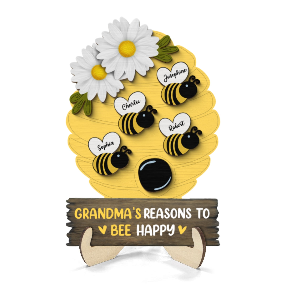 Grandma Mom Reason To Bee Happy Honey Bees Personalized 2-layer Wooden Plaque