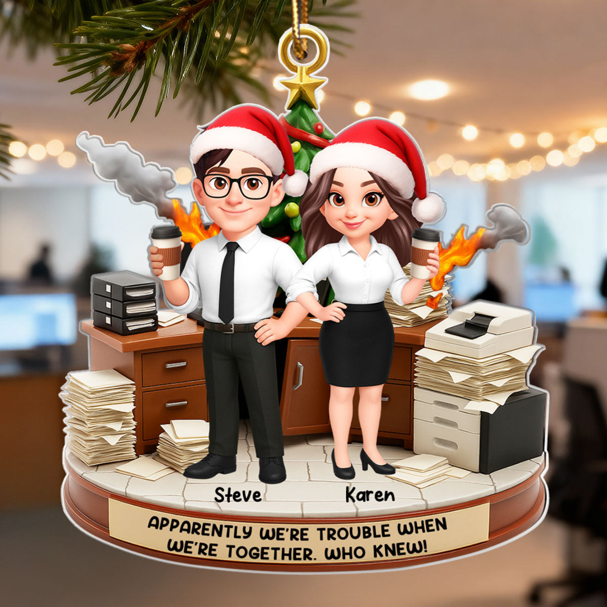 Office Chaos Funny Coworkers Trouble Together - Personalized Acrylic Ornament - Custom Employee Gift Exchange, White Elephant Gift