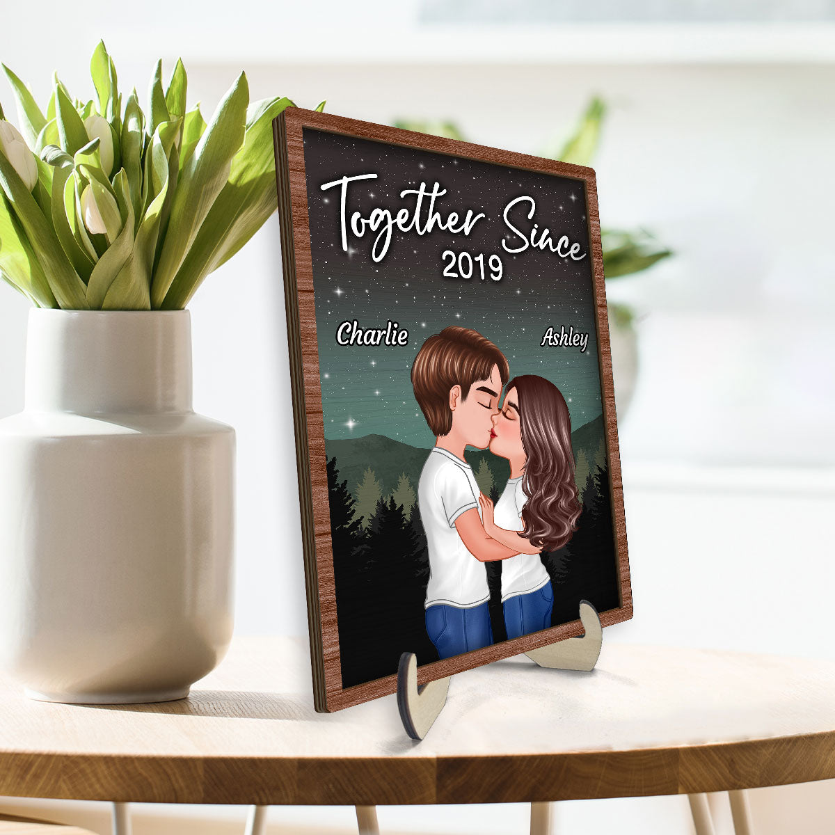 Couple Kissing Under Sky Night Personalized 2-layer Wooden plaque