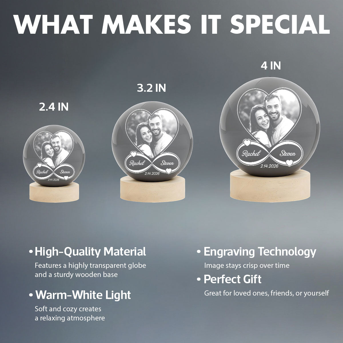 Eternal Love Custom Couple Photo Inside Infinity Heart - Personalized Crystal Ball LED Night Light - Valentine's Day Gift For Couple, For Her, For Him