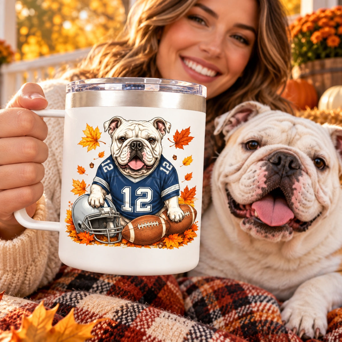 Trending Football Dog Cat Upload Photo - Personalized Stainless Steel Tumbler With Handle - Fall Season Gift For Man, Woman
