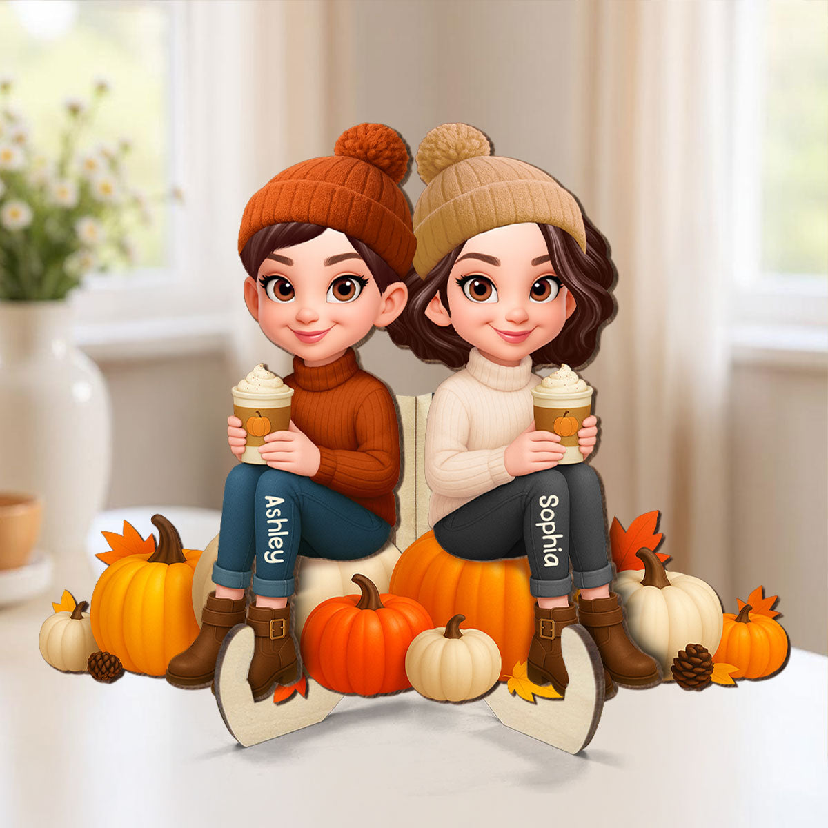 Fall Season Besties Sister Sitting On Pumpkins 3D Effect - Personalized 2-Layered Wooden Plaque