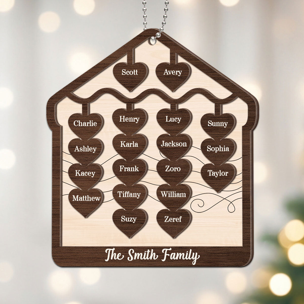 Hearts Hanging Family Christmas Personalized 2-Layer Wooden Ornament