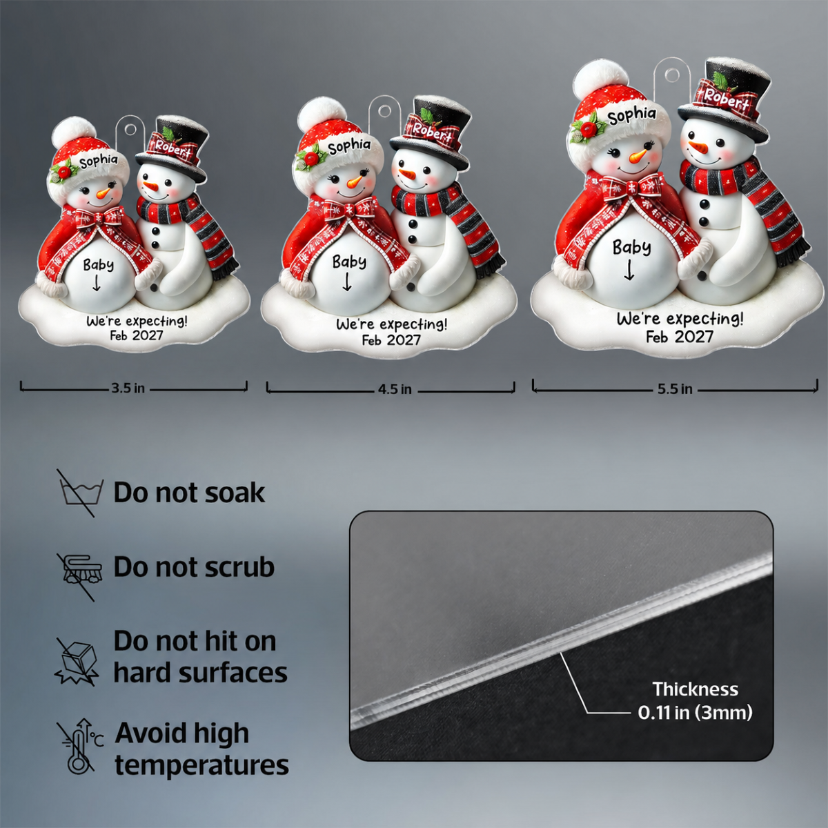 Snowman Couple Expecting Parents Pregnancy Announcement 3D Effect Keepsake Personalized Acrylic Ornament
