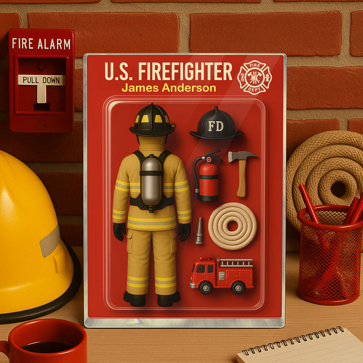 3D Effect Back View Firefighter Custom Figure Personalized Flat Rectangle Acrylic Block