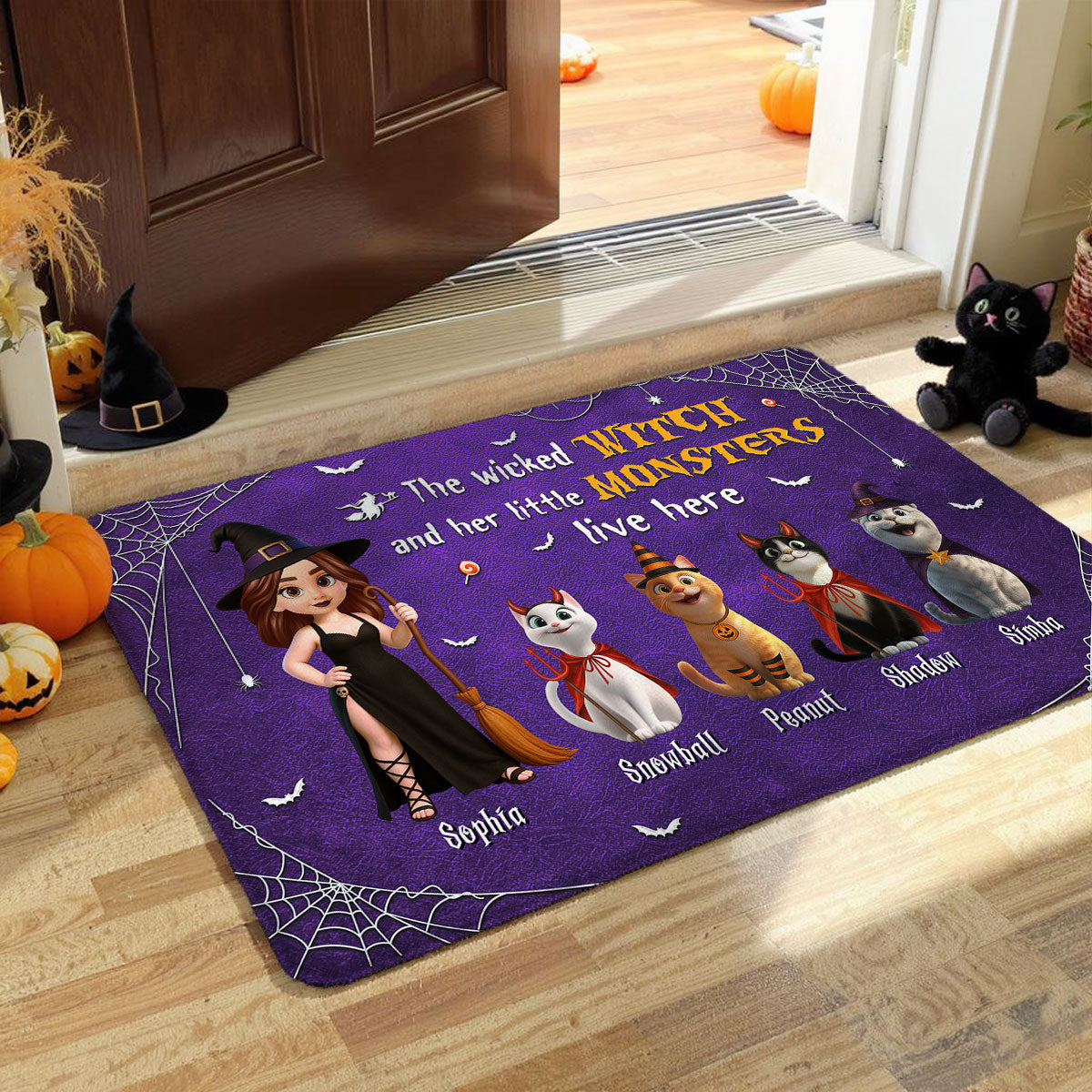 Halloween Wicked Witch & Little Monsters Cartoon Cats Personalized Doormat, Halloween Decor For Cat Lovers
