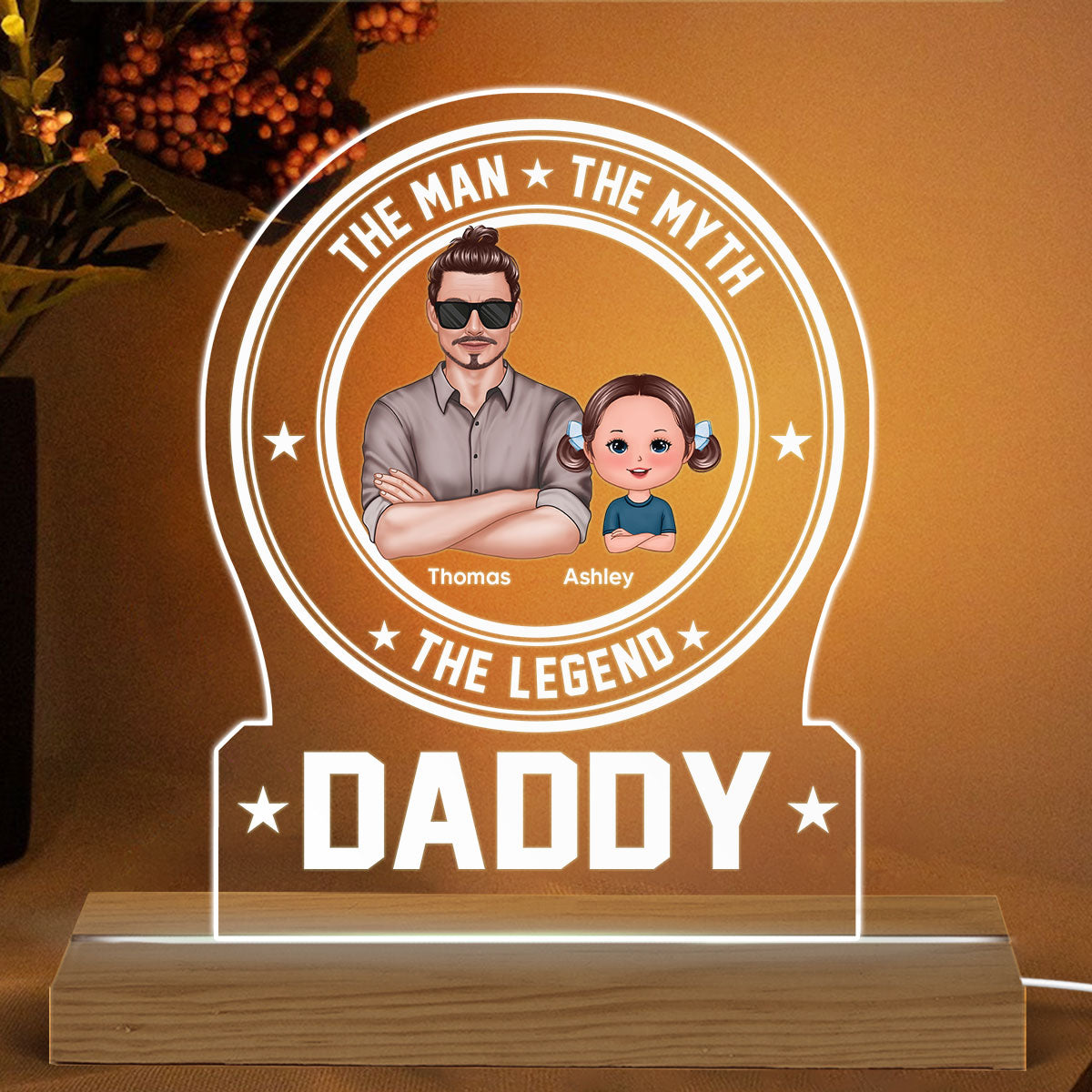 The Man The Myth The Legend Daddy Grandpa Personalized Custom Shaped Acrylic Plaque With LED Night Light
