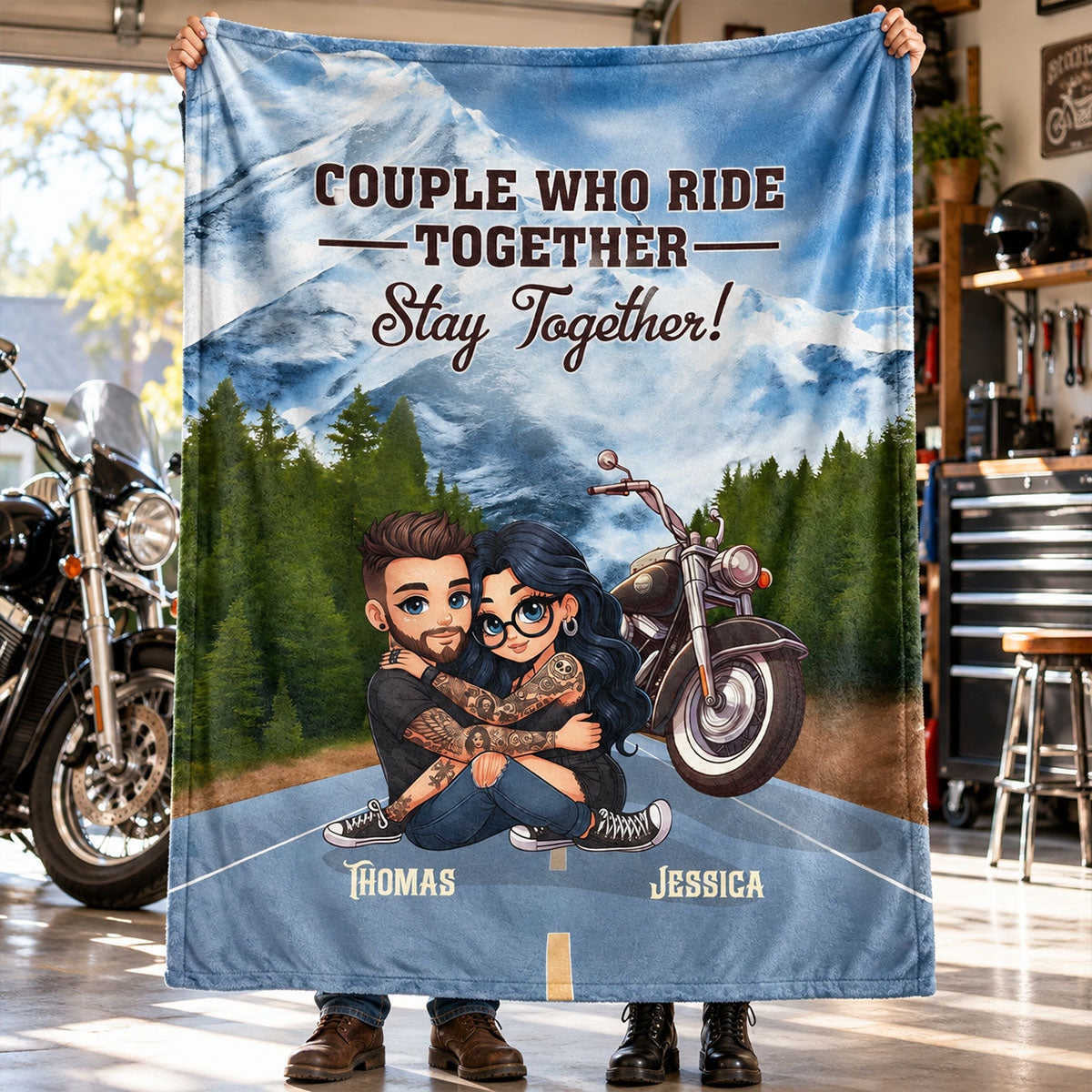 Bikers Couple Riding Partners for Life - Personalized Fleece Blanket - Gift for Him, Gift for Her