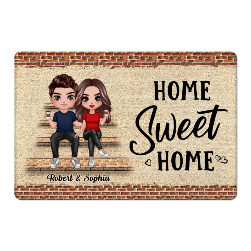 Home Sweet Home Brick Background Doll Couple Personalized Doormat