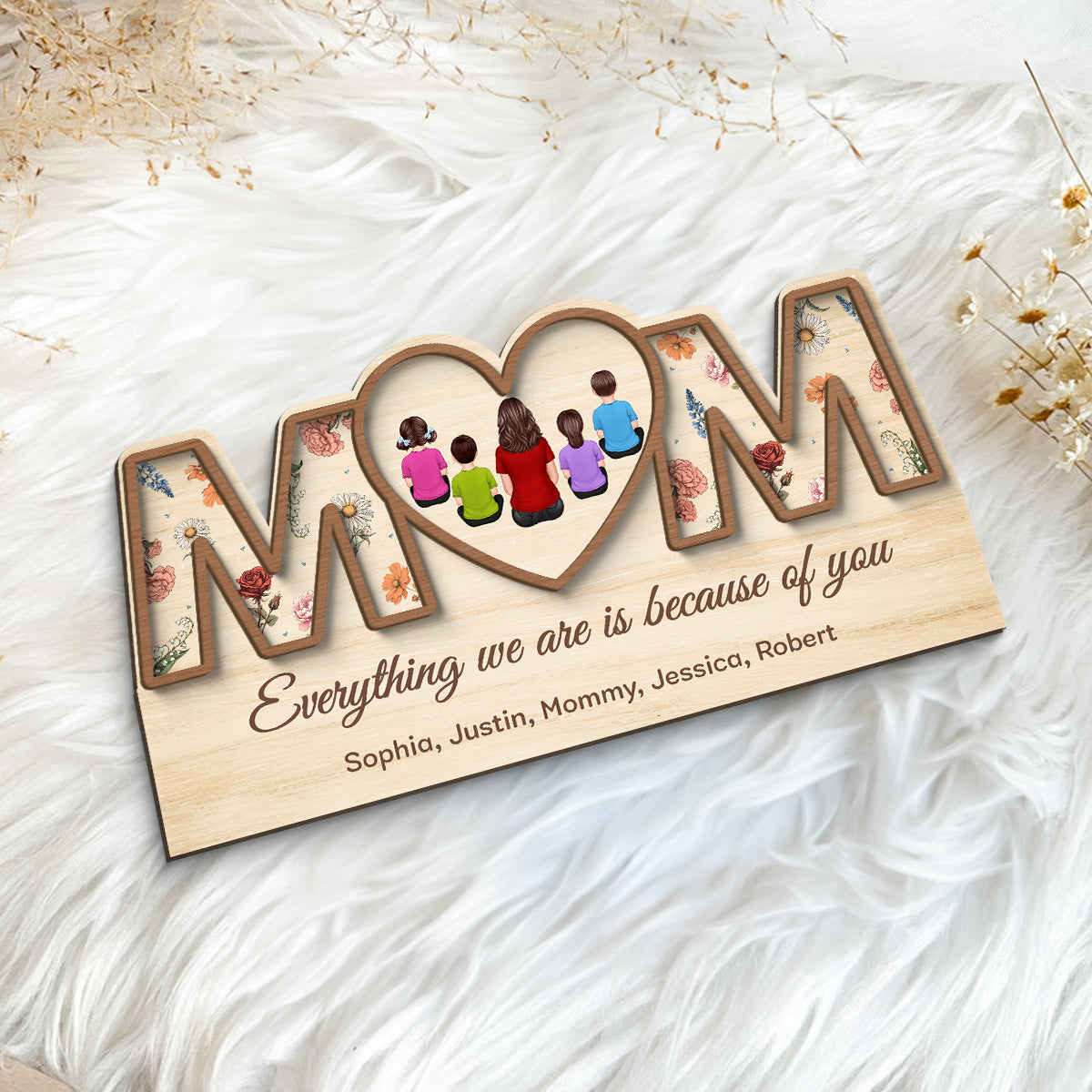 Custom Birth Month Flowers MOM Hearts Personalized 2-Layer Wooden Plaque