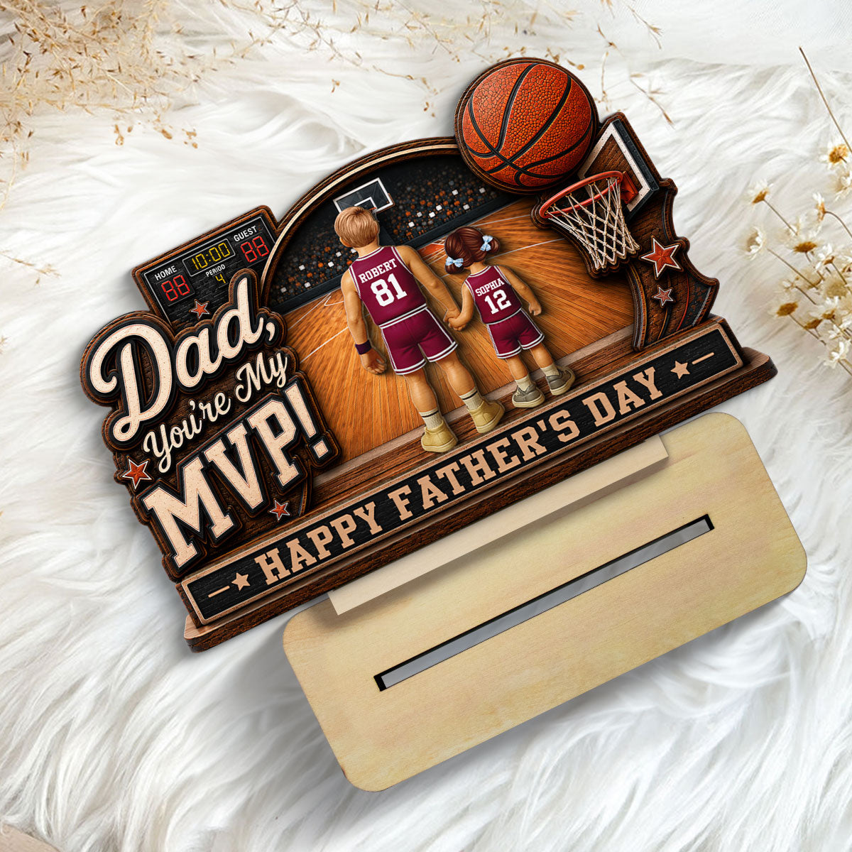 Dad You Are Our MVP Standing Basketball Man & Kids 2D Flat - Personalized 2-Layered Wooden Plaque - Father's Day Gift For Basketball Dad