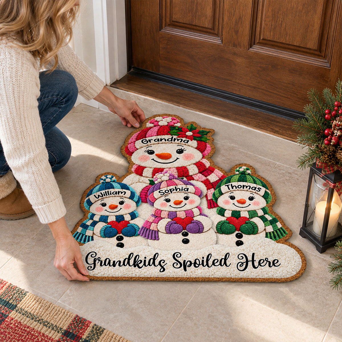 Cute Snowman Grandma & Grandkids 2D Flat Printed - Personalized Doormat - Christmas Decor For Grandma