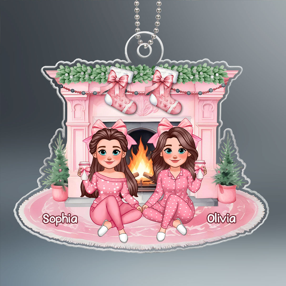 Christmas Coquette Besties Stocking On Pink Fireplace Personalized Acrylic Ornament