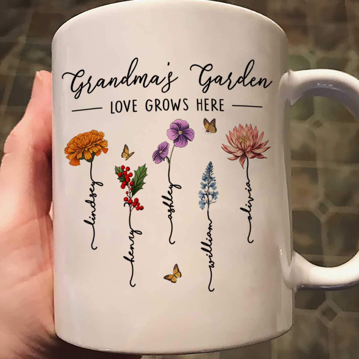 Grandma‘s Garden Love Grows Here Beautiful Birth Month Flower Gift For Grandma Mom Personalized Mug
