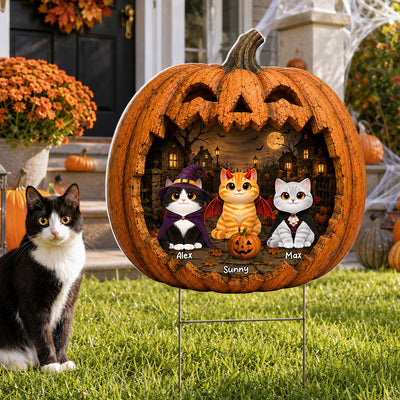 Spooky Halloween Pumpkin Cats - Personalized Yard Sign - Halloween Decor For Cat Lovers