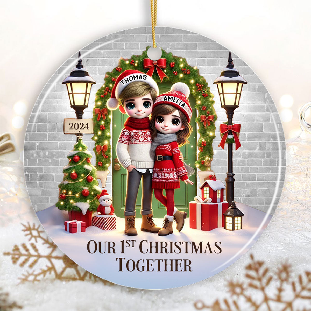 Couple Standing In Front of Door Personalized Ceramic Ornament, Christmas Gift for Him, Gift for Her