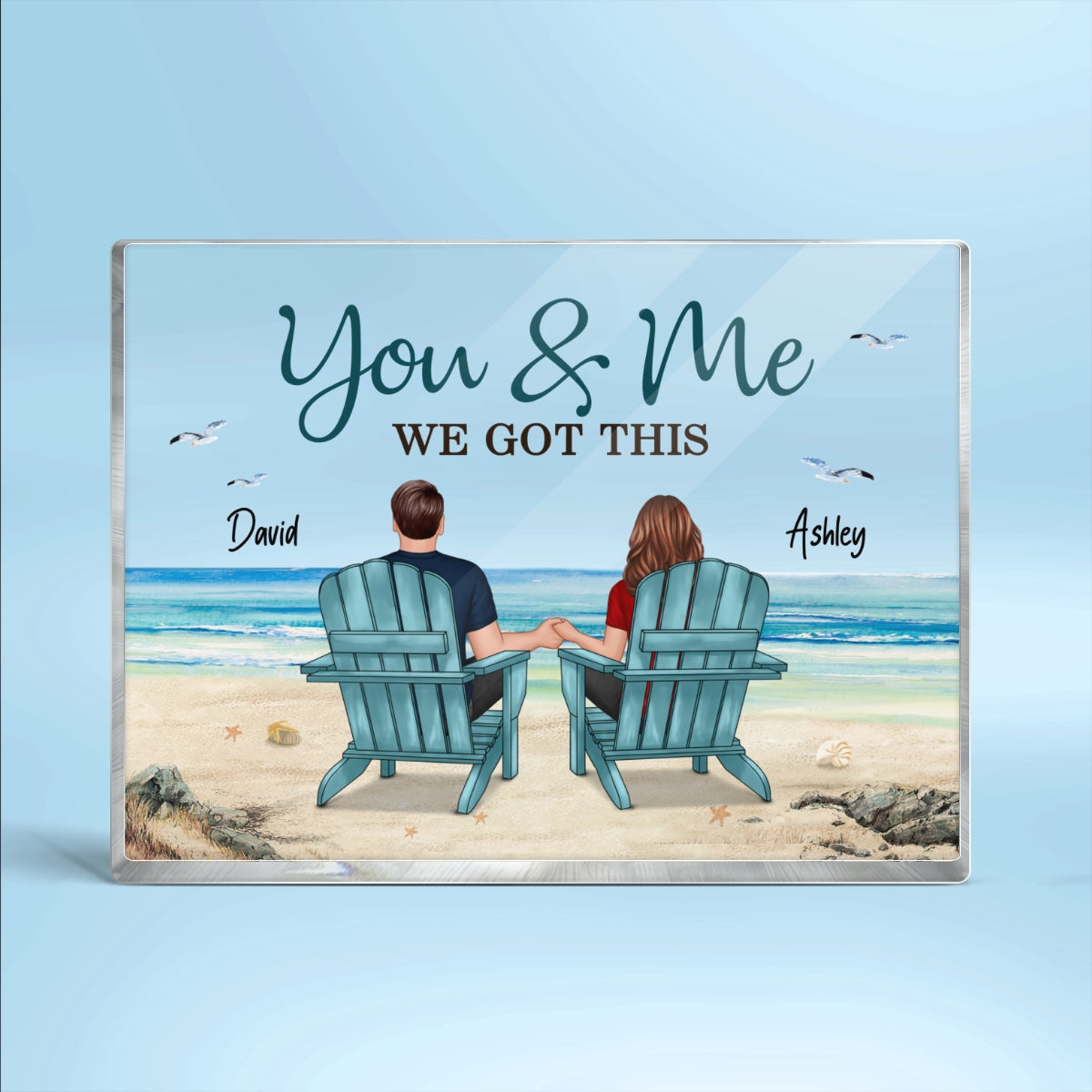 Back View Couple Sitting Beach Landscape Personalized Rectangle Acrylic Block Plaque