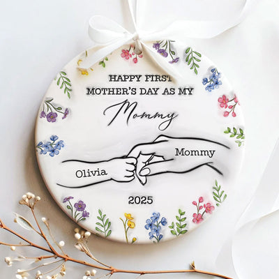 3D Inflated Effect Happy First Mother's Day Hand Outline Personalized Circle Ceramic Ornament
