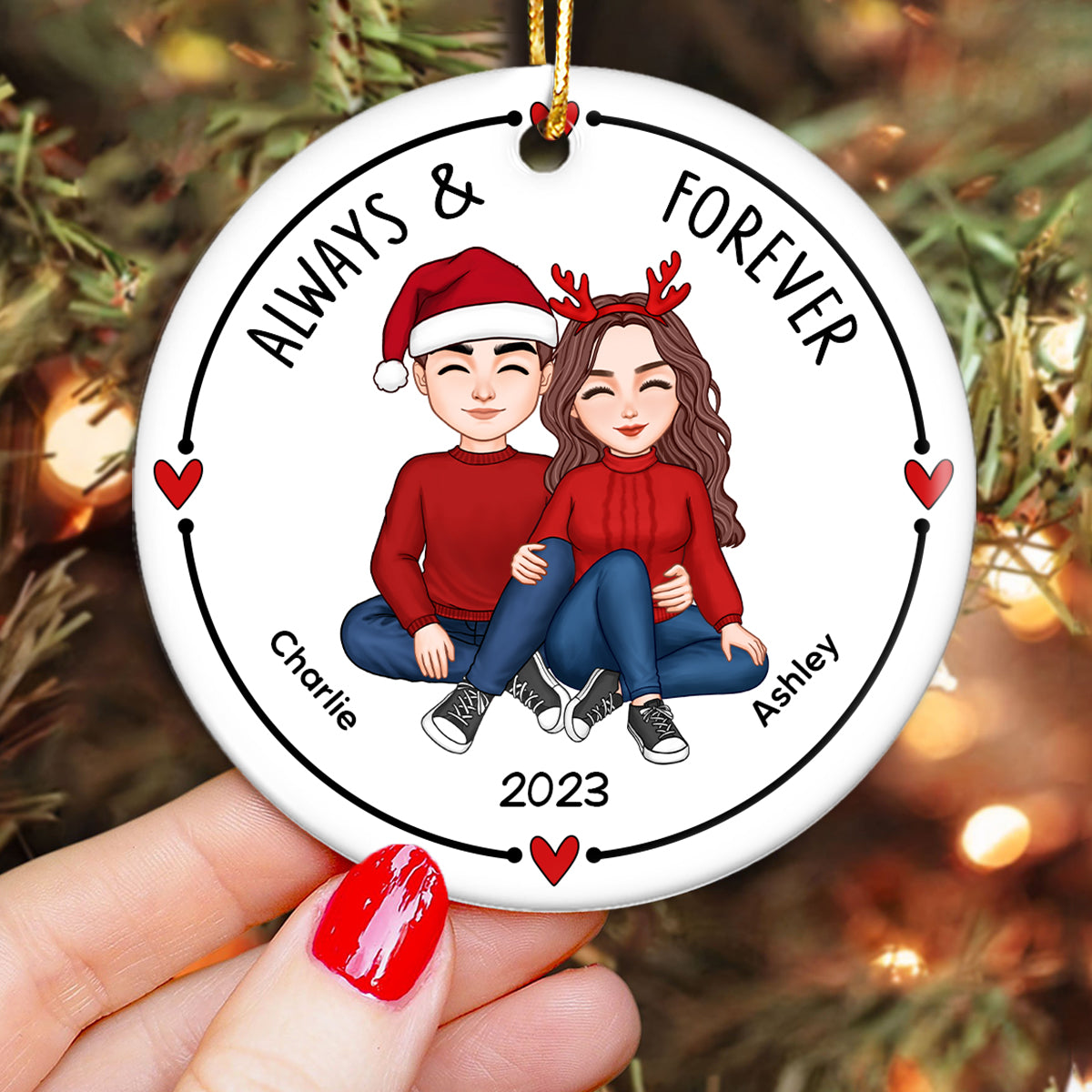 Christmas Cute Couple Sitting Hugging Personalized Circle Ornament